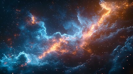 Obraz premium Cosmic nebula with vibrant orange and blue colors swirling through deep space, creating dramatic celestial formations against starry background. Suitable for astronomy themes.