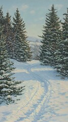 Serene winter landscape painting showing snow-covered path winding through snow-laden evergreen trees under a bright sky.