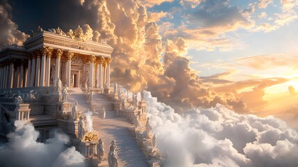 Floating mystical temple of gujaba amidst celestial clouds