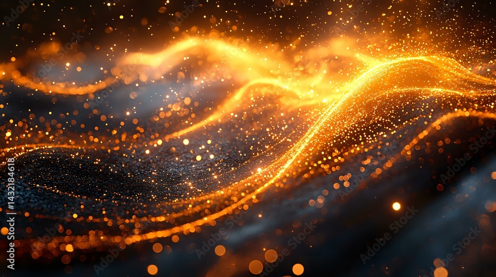 Poster glowing golden light waves with sparkling particles flow through dark space creating magical energy 