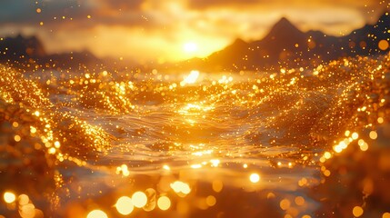 Naklejka premium Magical golden sunset over mountain lake with sparkling water surface and glowing bokeh lights creating dreamy atmosphere. Perfect for nature backgrounds.