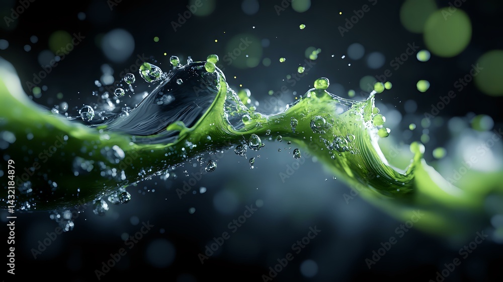 Aufkleber dynamic green liquid splash with water drops and bubbles creating an elegant wave against dark backg