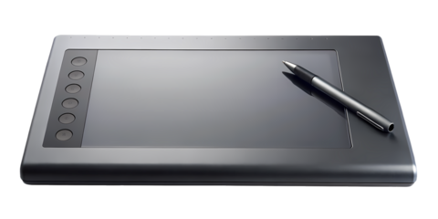 A sleek black graphic tablet with a digital pen displayed on white
