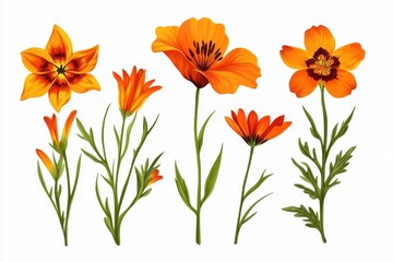 Vibrant orange floral collection. Detailed illustration of various orange flowers and stems