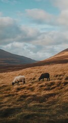 Two sheep grazing in a vast, golden field against a backdrop of rolling hills and a serene sky.