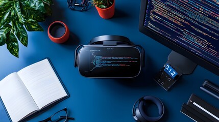 Vr coding in a modern workspace creative environment top-down view