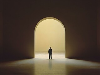 Obraz premium A lone figure stands before a large arched doorway, symbolizing opportunity, new beginnings, and the unknown future. The soft lighting creates a mysterious and contemplative mood.