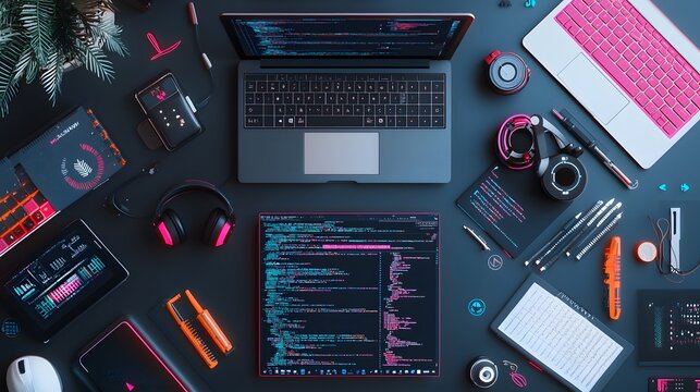 Innovative coding workspace with vr headset topdown view digital environment