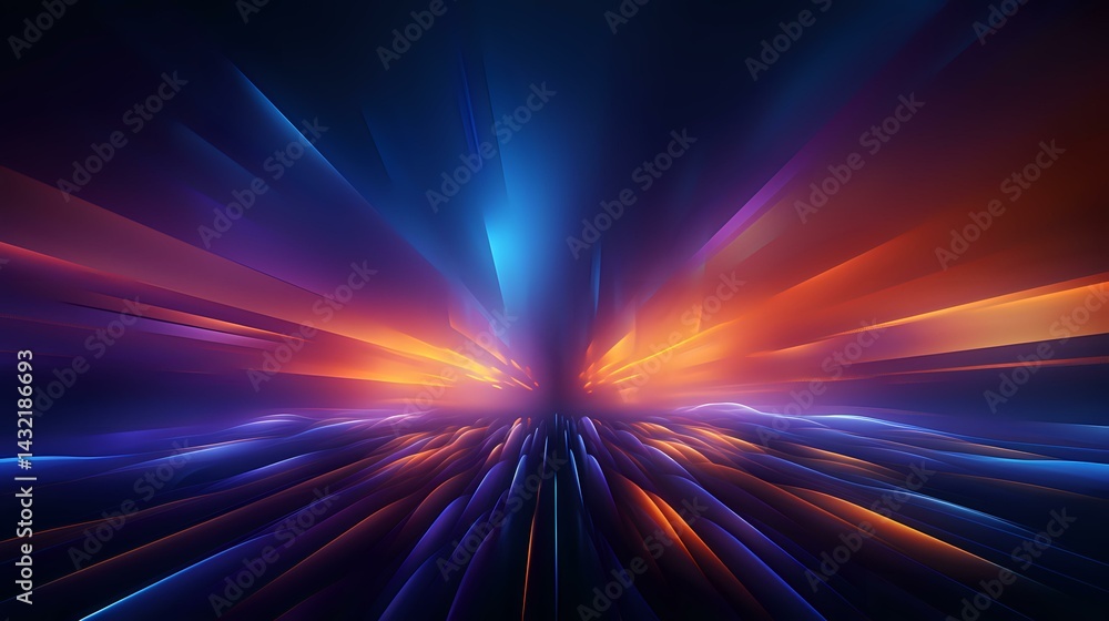 Poster vibrant light streaks in blue, orange and purple create dynamic motion effect against dark backgroun