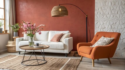 Stylish orange interior of living room with design sofa, decorations and home accessories.
