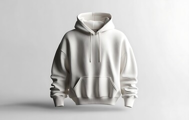 Plain White Hoodie Mockup with Front Pocket and Drawstring Hood on Simple Light Background for Apparel Branding

