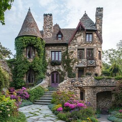 Fototapeta premium Stone house with gardens and turrets. Exterior of a fairytale-like home, nestled amidst lush greenery