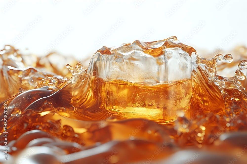 Poster ice cubes splashing in amber liquid creating dynamic waves and ripples with golden highlights, macro