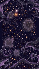 Obraz premium Midnight purple luxury grain depicts cellular patterns morphing into constellations resembling interconnected people.