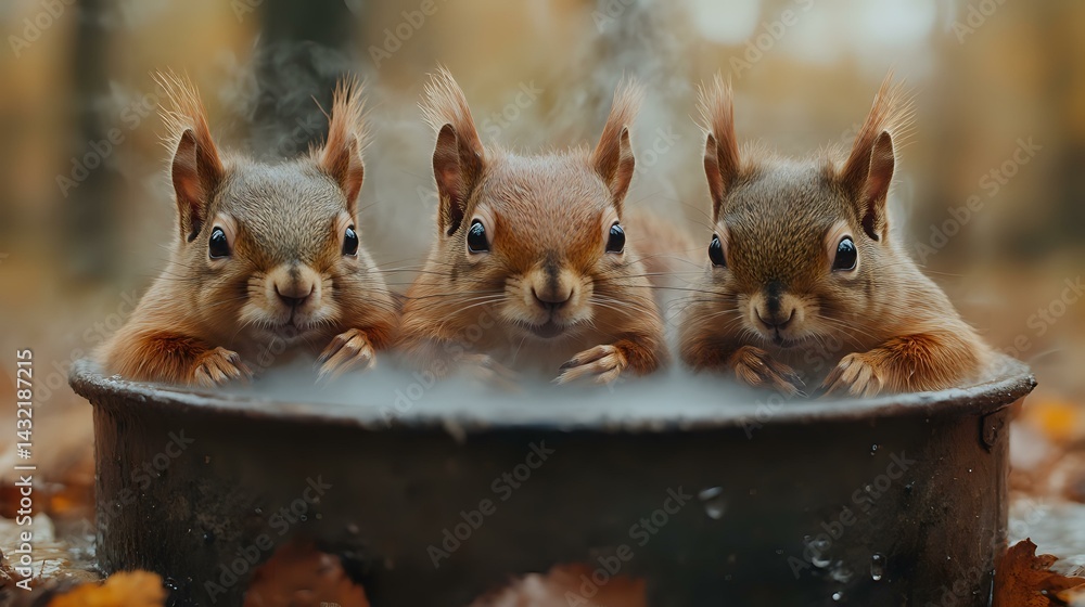 Poster three curious red squirrels peeking over edge of dark metal container surrounded by autumn leaves an
