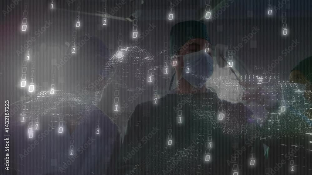 Poster surgical team collaborating in medical operating room, with floating binary digits and grid data