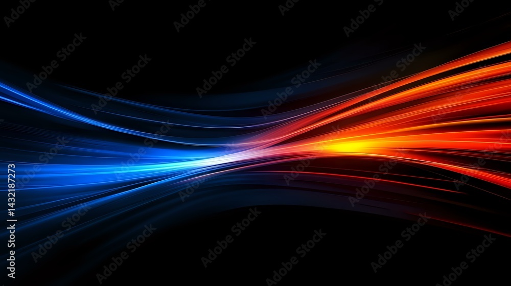 Poster abstract dynamic light trails in blue and red colors flowing against black background creating moder