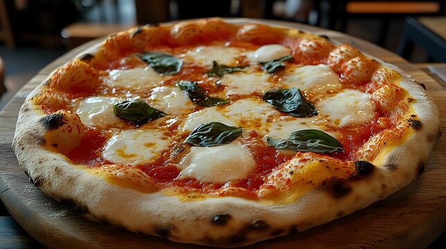 Fresh Neapolitan style pizza with melted mozzarella, tomato sauce and basil leaves on wooden board, traditional Italian cuisine with charred crust edges.