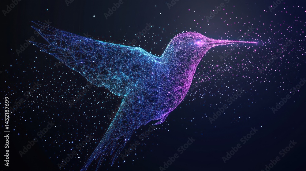 Poster geometric hummingbird illustration with a network of glowing lines and points