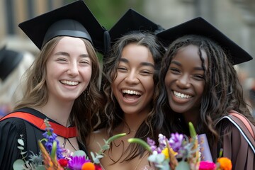 Joyful graduates in academic regalia share genuine laughter while holding vibrant flower bouquets during commencement celebration on university campus.