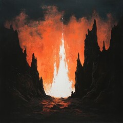 Fiery landscape, volcanic eruption, hellish scene