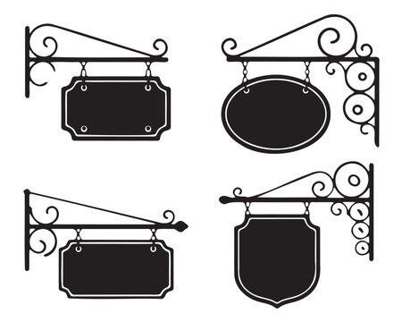 Vintage Exterior Hanging Signs with Ornate Metal Mounts