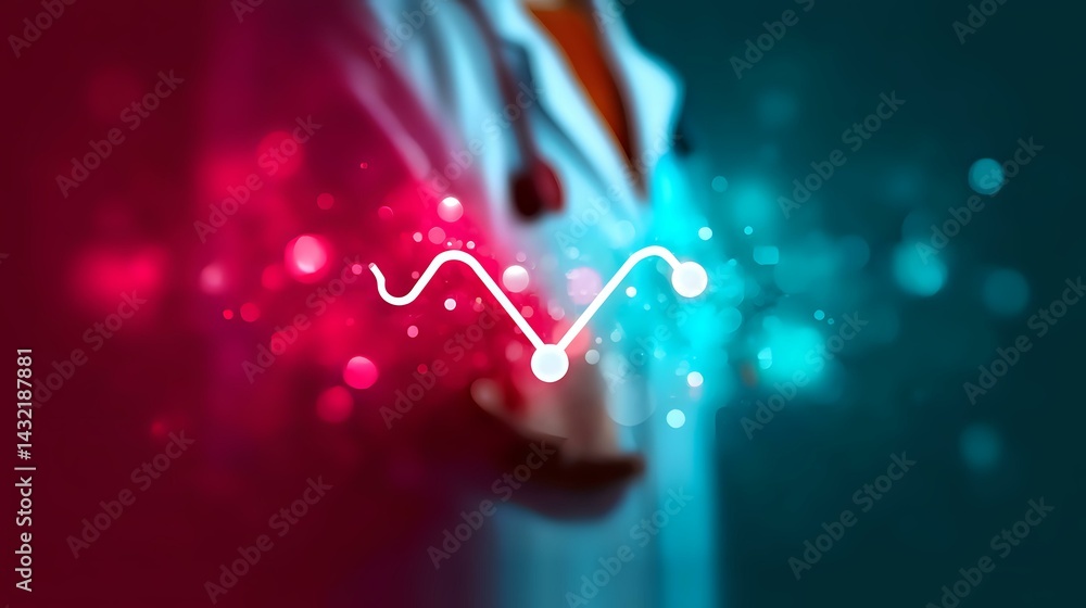 Poster glowing neon wave line graph with red and blue gradient background effect, floating particles and bo