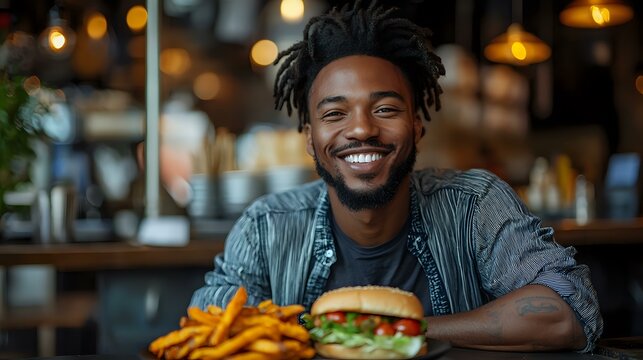 Young African American man smiling while sitting at restaurant table with classic cheeseburger and french fries meal, warm ambient lighting creates welcoming dining atmosphere.