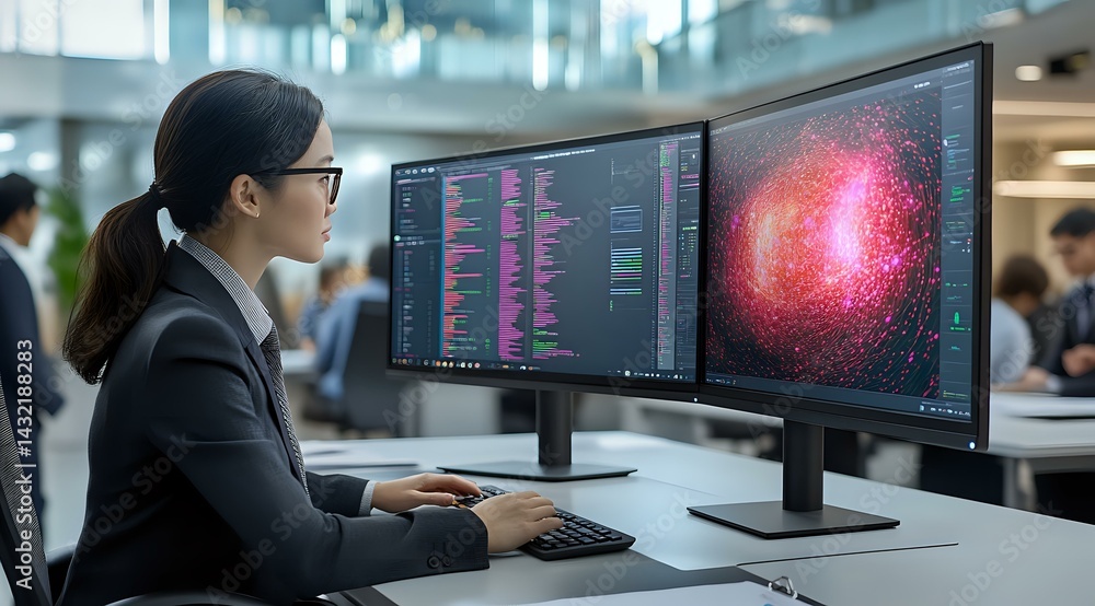 Poster asian female data scientist analyzing complex visualization on curved monitor displays showing code 