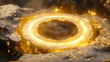 Floating cosmic rift surrounded by golden rings, pulsing with celestial energy. Rift Core. Illustration