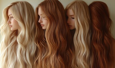 Naklejka premium Four women with different hair colors from platinum blonde to auburn red showing long wavy hairstyles in profile view against neutral background. For beauty and hair salon advertising.