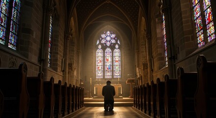 Fototapeta premium Man kneeling in prayer inside a church with stained glass windows and wooden pews in the foreground
