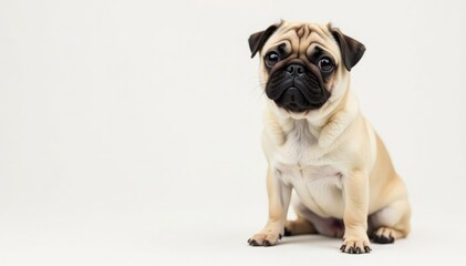 Obraz premium Adorable pug dog sits alone against white background, pet, portrait