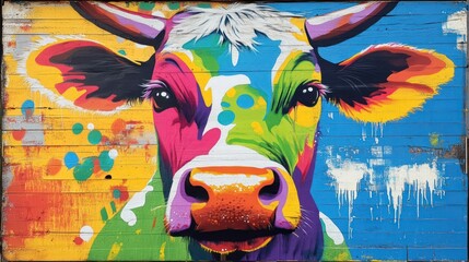 Colorful cow mural on rustic wood