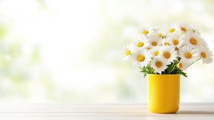 A vibrant bouquet of white daisies in a bright yellow vase on a wooden surface, soft-focus green background, and cheerful and fresh floral arrangement.