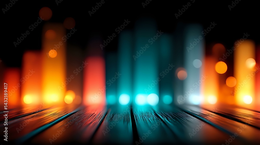 Aufkleber dramatic wooden surface with blurred colorful bokeh lights creating depth perspective, dark atmosphe