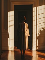 Naklejka premium Woman in beige coat standing in doorway, sunlight streams through window casting shadows. Elegant, mysterious, and moody.