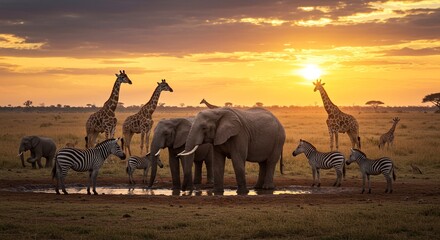 World Environment Day- African savanna wildlife at sunset featuring giraffes elephants and zebras near a watering hole