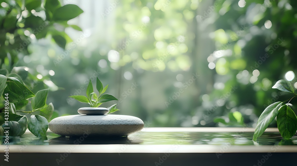 Poster zen stones stacked on wooden surface with green leaves and soft bokeh background creating peaceful s