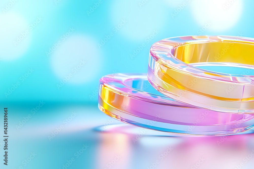 Poster colorful glass rings with iridescent reflections on turquoise background with bokeh effect, creating