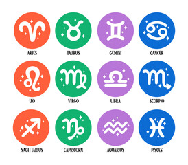 Colorful Zodiac Signs set of isolated astrological elements. Twelve Zodiac symbols in cute simple flat design. Vector clipart illustrations collection. Fire, water, earth and air elements
