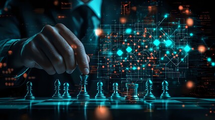 Strategic chess pieces on glowing board with digital network overlay and hand moving pawn, representing business strategy and technological advancement in modern era.
