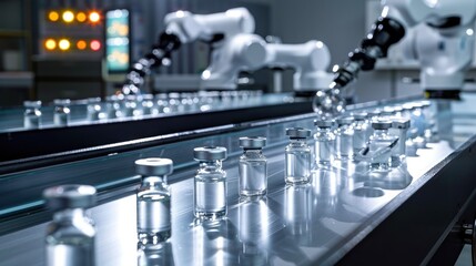 Fototapeta premium Sterile vaccine vials glide on a conveyor, robot arms above in a softly lit pharmaceutical plant; light reflects on the smooth glass vials.