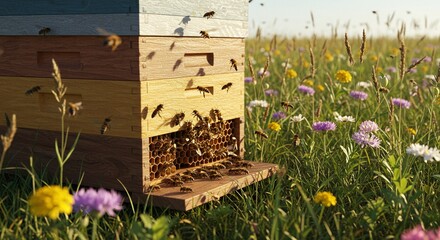 Obraz premium World Environment Day - Bees flying around a beehive in a field of flowers on a sunny day with a clear blue sky above