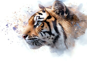Fototapeta premium Majestic tiger head profile with watercolor splash effect on white background, showing detailed fur texture and intense gaze. Artistic wildlife illustration.