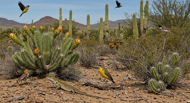 World Environment Day - Desert scene with saguaro cacti, birds, lizards, and a butterfly on a sunny day landscape view - Powered by Adobe