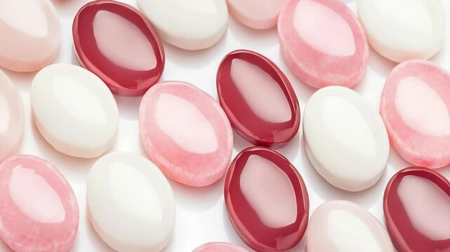 Oval shaped pink, white and red pastel hard candies displayed on a white background.