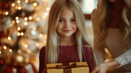 Festive Cheer: A Young Girl, 6 Years Old, with Long Blonde Hair,  Receiving a Christmas Gift Near a Sparkling Christmas Tree, Embodying the Joy of the Holiday Season.