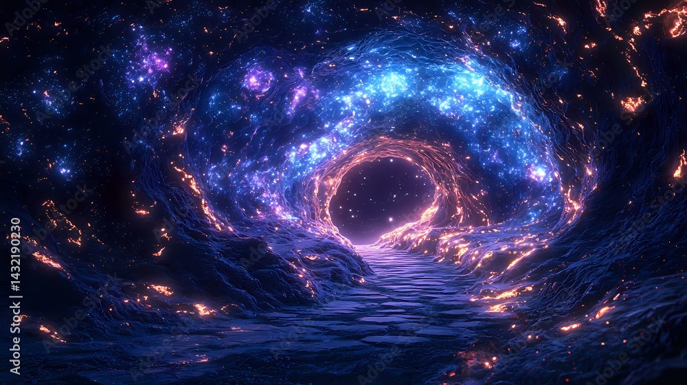 Poster cosmic portal in deep space with glowing blue and purple nebula swirls over dark waters, creating my