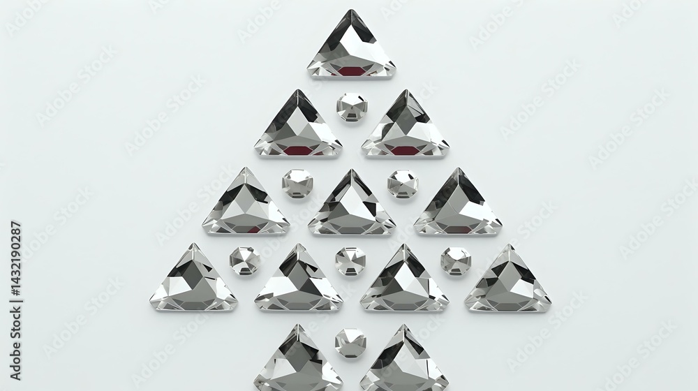 Poster sparkling clear triangular crystals arranged in christmas tree shape formation on light background, 